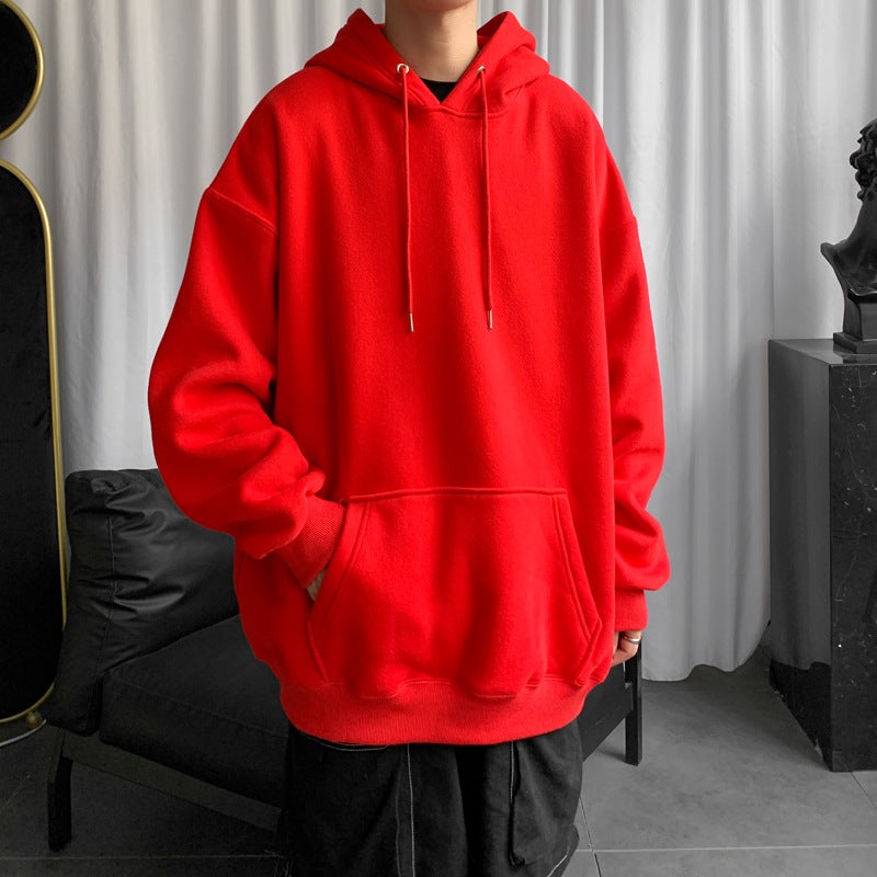 Mens Solid Color Sweater Spring and Autumn ins Hong Kong-style Hooded Jacket Loose Trendy All-match Autumn Clothes Hip-hop Red