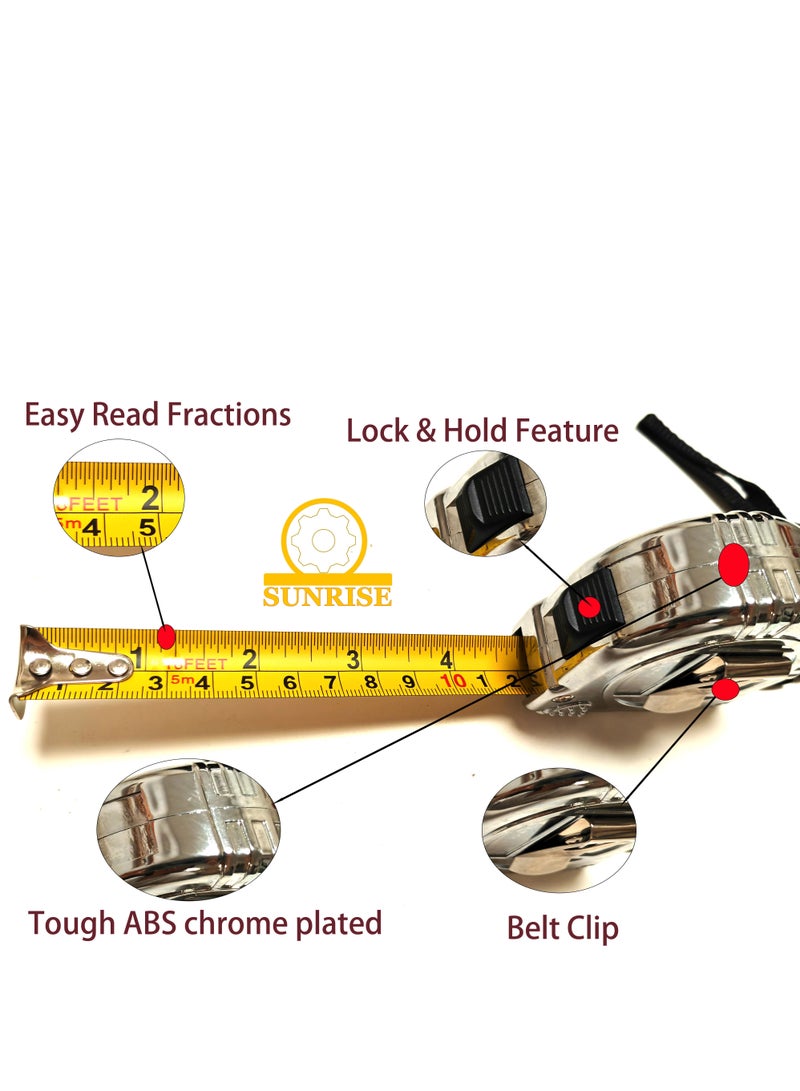 صن رايز شريط قياس 5 متر مطلي بالكروم ABS شديد التحمل، شريط قياس متعدد الاغراض مع علامات كسر واضحة، مقبض مانع للانزلاق، قفل تلقائي وتجاوز يدوي للبناء، الهندسة - Image 2