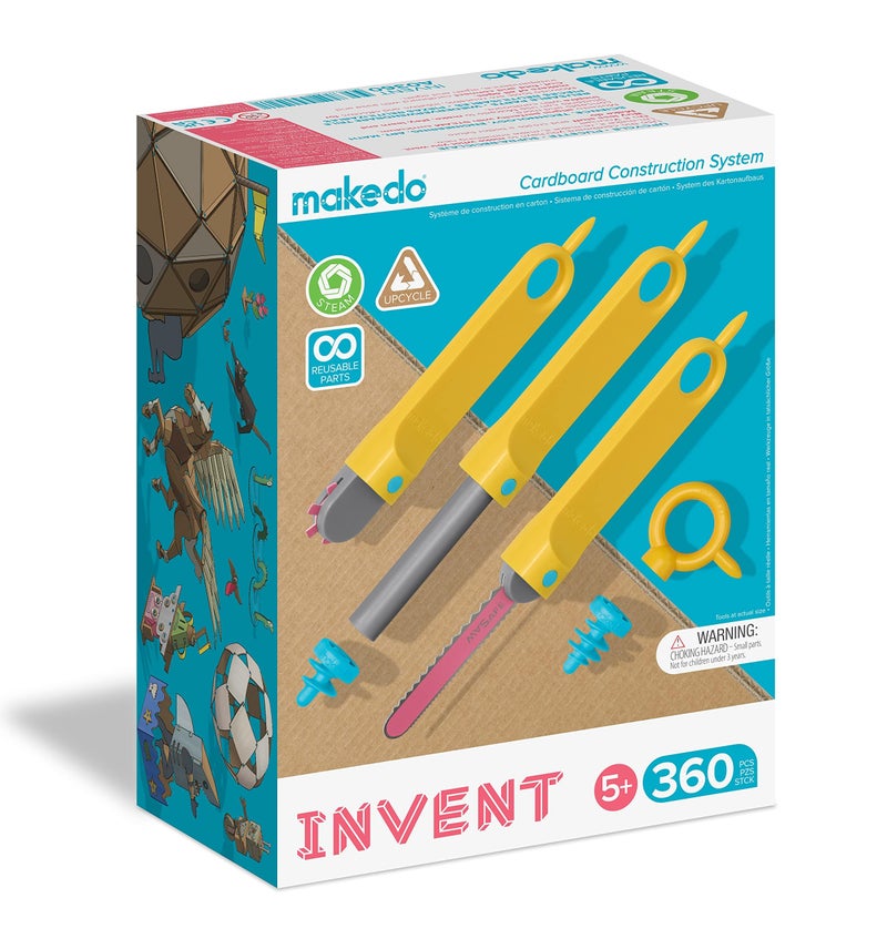 Makedo Invent Upcycled Cardboard Construction Toolkit in Large Toolbox 360 Pieces STEM STEAM Educational Toys for Classroom Learning Resuable Tools for Boys and Girls Age 5