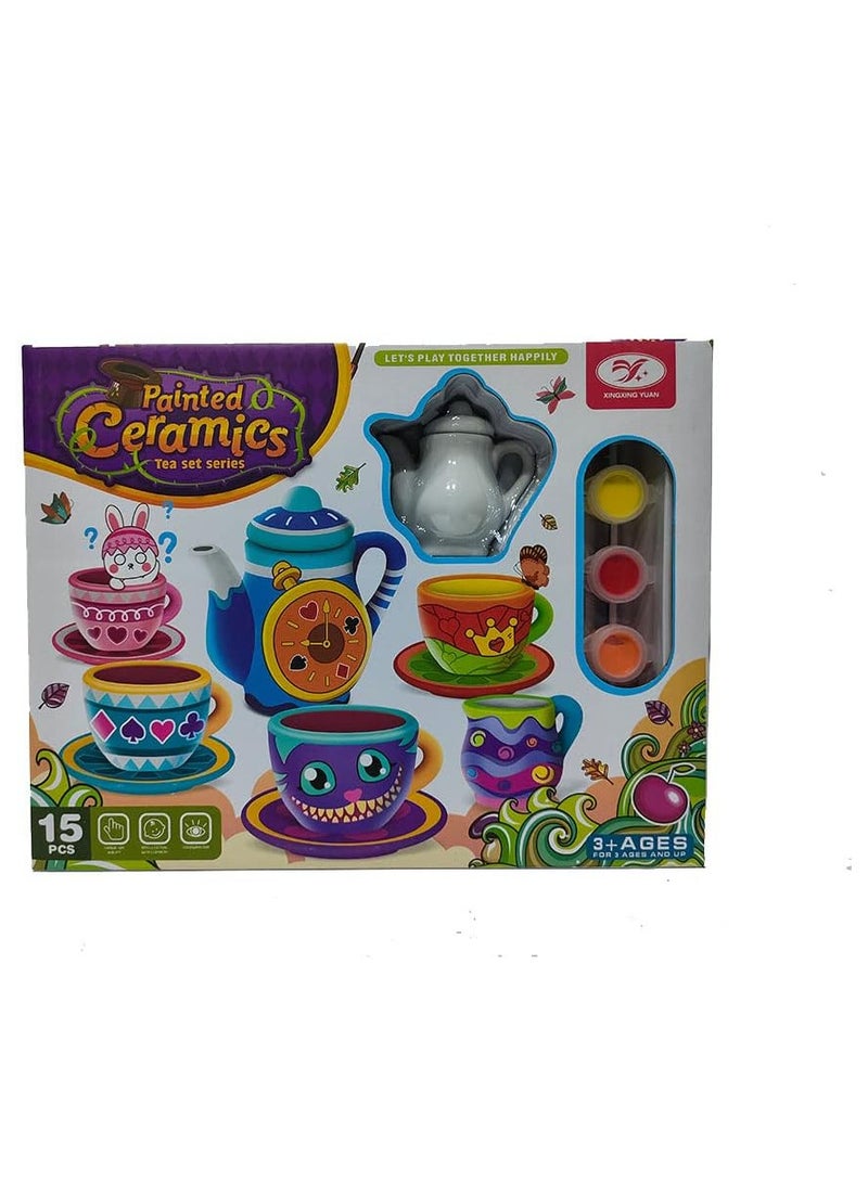 مجموعة تلوين طقم الشاي للبنات والولاد - طقم شاي سيراميك للتلوين علبه) 15قطعة) تتضمن 5 علب تلوين تاتي باللوان متعددة - لعبة مجموعة تلوين عدة الشاي للاطفال – طقم شاي لعبة اطفال - لعب تلوين طقم فناجين الشاي- العاب طقم شاي للاطفال يمكنك تلوينة بنفسك –العاب اطقم فناجين شاي لتسلية البنات و الاولاد – هدية مناسبة لعيد الميلاد والانشطة المدرسية – العاب تلوين - Image 1