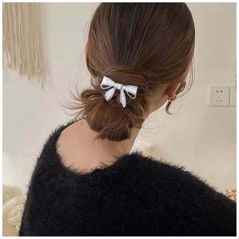 Boho Crystal Hair Clip  CZ Pearl Silver Bowknot Barrette Decorative Headpiece for Women and Girls