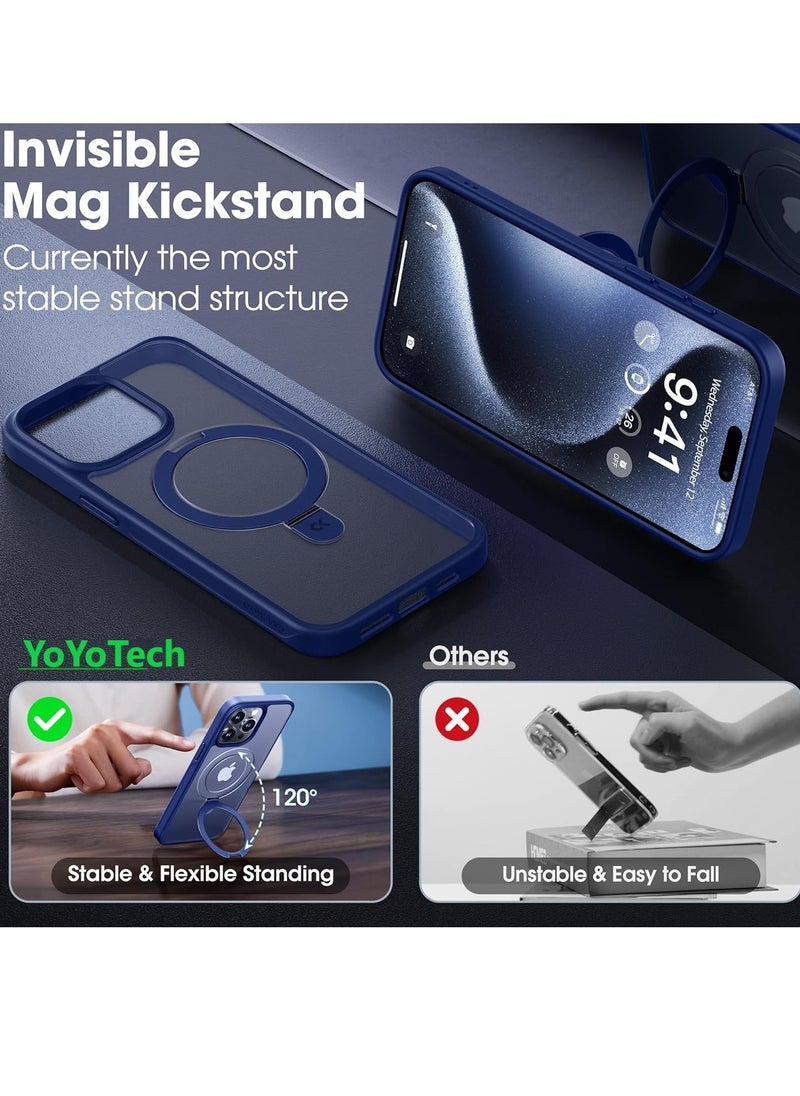 Matte Finish Magnetic for iPhone 15 Pro Case Invisible Kickstand Stand Cover [Compatible with MagSafe] [14 FT Drop Protection] Non-Yellowing Shockproof Protective Slim Case Cover - Blue