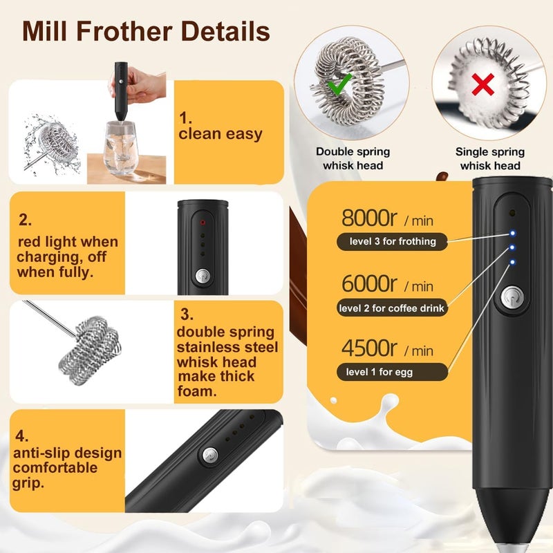 MITCMOLARD خفاقة حليب, Portable Type-C Rechargeable, Durable Blender with 3 Speeds | Coffee Mixer Electric with 304 Steel Whisk Head for Coffee Latte Cappuccino Hot Chocolate, Black - Image 3