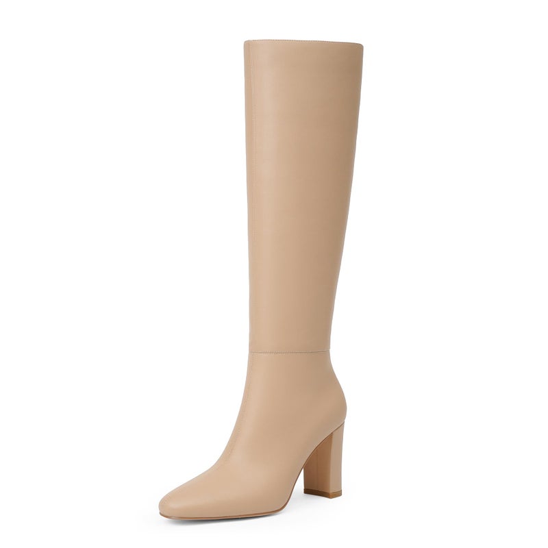 Modatope Nude Rounded Toe Boots for Women Chunky Heel Knee High Boots Fashion Fall Winter Boot 2025 Block Heel Side Zipper Tall Boot Women Size 10 - Image 1
