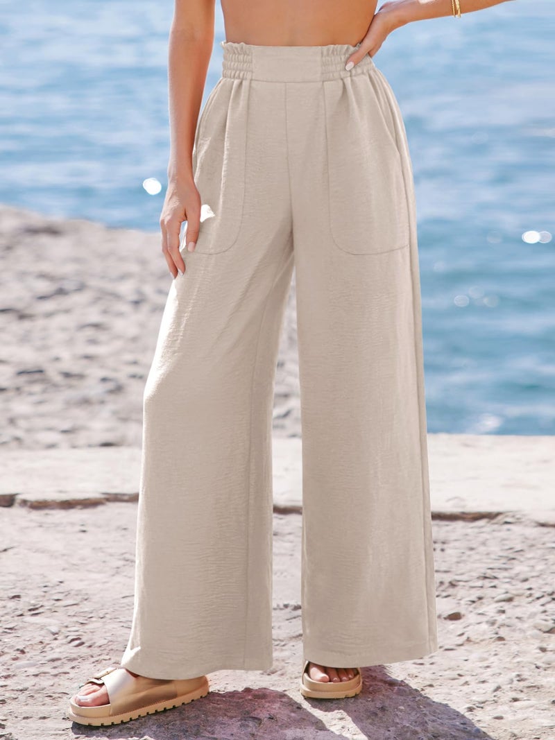 NIMIN Women Wide Leg Palazzo Pants High Waisted Casual Lounge Pants Flowy Loose 2026 Summer Beach Vacation Outfits Dressy Trousers with Pockets Apricot - Image 2