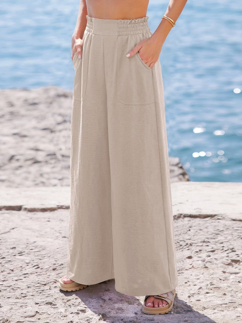 NIMIN Women Wide Leg Palazzo Pants High Waisted Casual Lounge Pants Flowy Loose 2026 Summer Beach Vacation Outfits Dressy Trousers with Pockets Apricot - Image 3