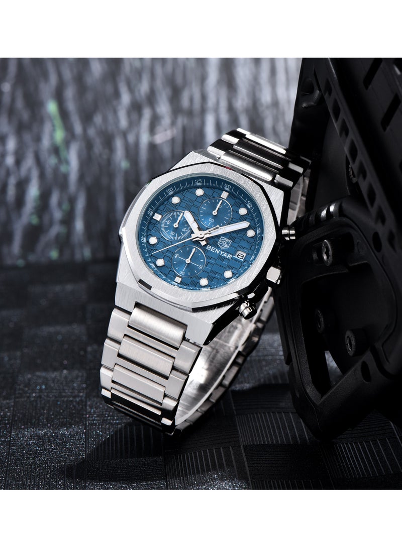 BENYAR Mens Watches Multifunction Chronograph Date Quartz Watch for Men Stainless Steel Band Wrist Watch Gift for Men Casual Business - Image 4