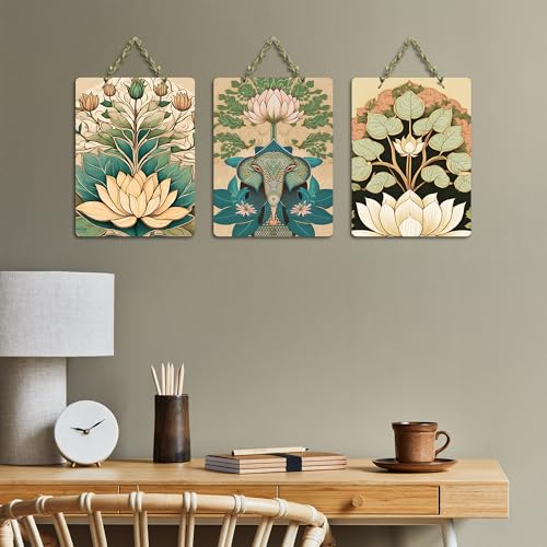 Artvibes Sacred Elephant & Artistic Lotus Modern Art Wooden Art Decoration Item for Living Room | Aesthetic Decor | Graphic Artwork | Wall Poster | Sceneries | Unique Gift Items (WH_96188N), Set of 3 - Image 3