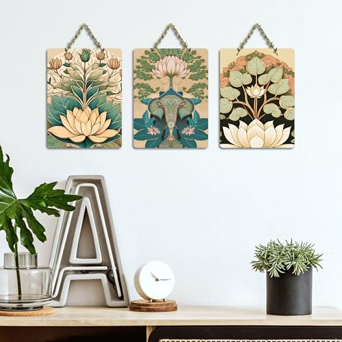 Artvibes Sacred Elephant & Artistic Lotus Modern Art Wooden Art Decoration Item for Living Room | Aesthetic Decor | Graphic Artwork | Wall Poster | Sceneries | Unique Gift Items (WH_96188N), Set of 3 - Image 4