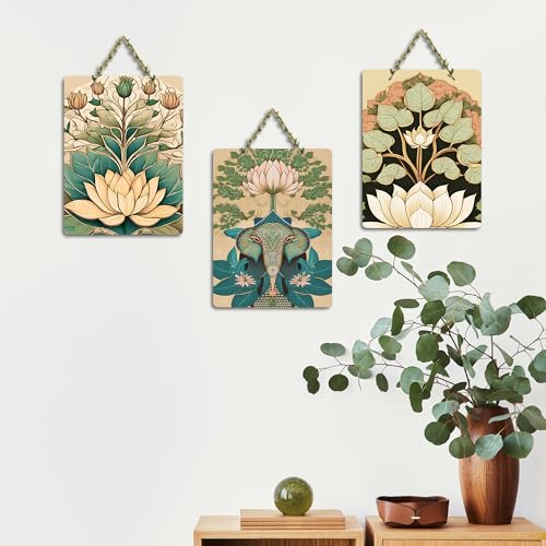 Artvibes Sacred Elephant & Artistic Lotus Modern Art Wooden Art Decoration Item for Living Room | Aesthetic Decor | Graphic Artwork | Wall Poster | Sceneries | Unique Gift Items (WH_96188N), Set of 3 - Image 2