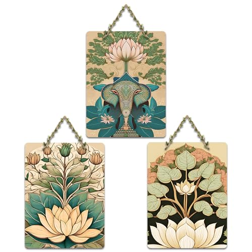 Artvibes Sacred Elephant & Artistic Lotus Modern Art Wooden Art Decoration Item for Living Room | Aesthetic Decor | Graphic Artwork | Wall Poster | Sceneries | Unique Gift Items (WH_96188N), Set of 3 - Image 1