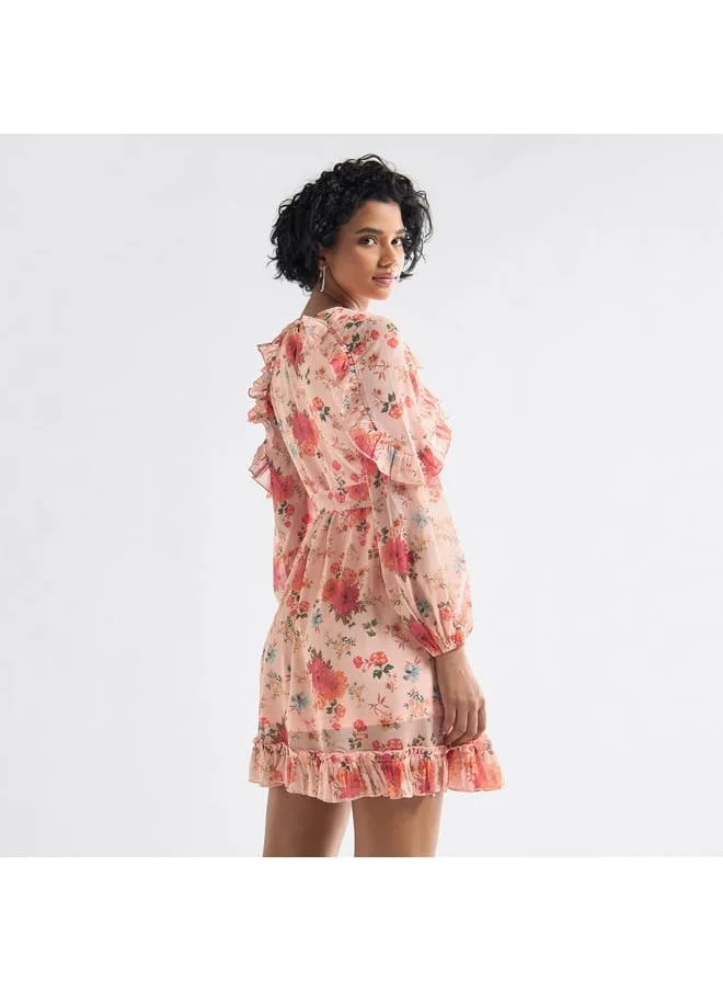 FAV All-Over Floral Print Mini A-line Dress with Ruffles and Tie-Ups