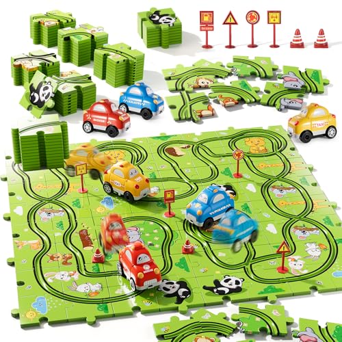 Bennol Toddler Toys Gifts for 2 3 4 5 Year Old Boys 73 Jigsaw Puzzle Race Track Car Set Toys for Kids Boys Toddlers 13 24 35 46 Puzzle Tracks Car Toy Gifts for 2 3 4 5 Year Old Boy Kids - Image 1