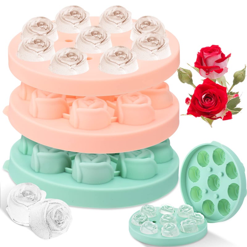 Hsei 2 Pieces 3D Rose Ice Mold 1.4 Inch Silicone Flower Ice Cube Trays Rose Silicone Mold for Freezer Whiskey Wine Cocktails Juice Bourbon Mimosas, Dishwasher Safe, Pink, Green - Image 1
