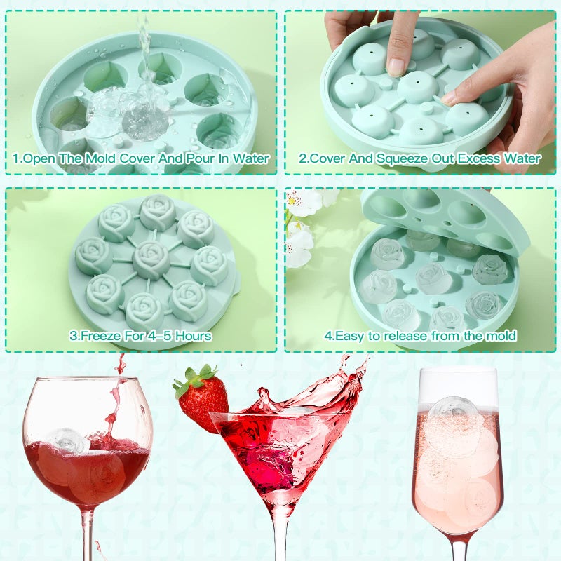 Hsei 2 Pieces 3D Rose Ice Mold 1.4 Inch Silicone Flower Ice Cube Trays Rose Silicone Mold for Freezer Whiskey Wine Cocktails Juice Bourbon Mimosas, Dishwasher Safe, Pink, Green - Image 3