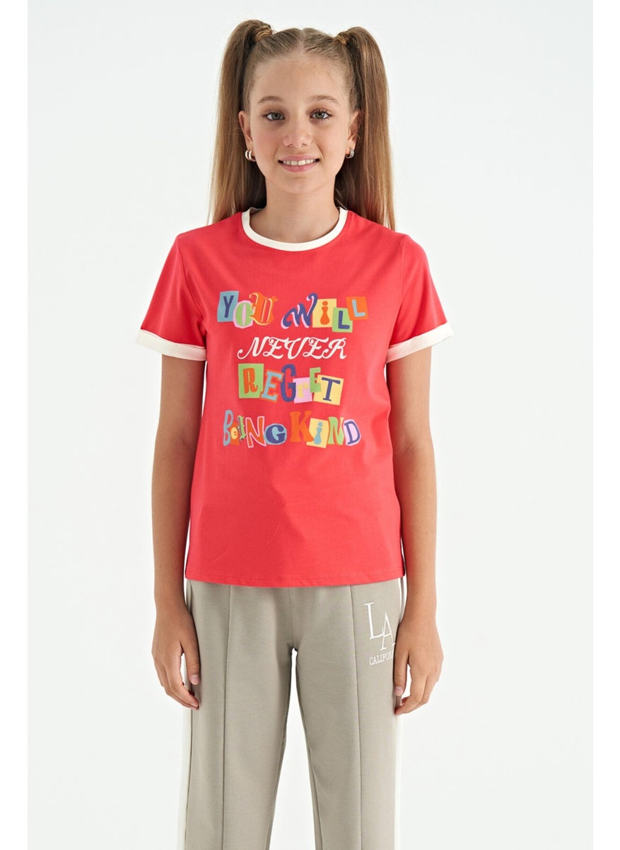 Tommy Life - Rose Colorful Text Detailed O Neck Comfortable Form Girls T-Shirt - 75109 - Image 1