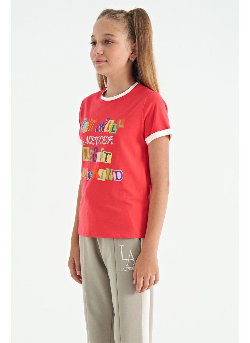 Tommy Life - Rose Colorful Text Detailed O Neck Comfortable Form Girls T-Shirt - 75109 - Image 1
