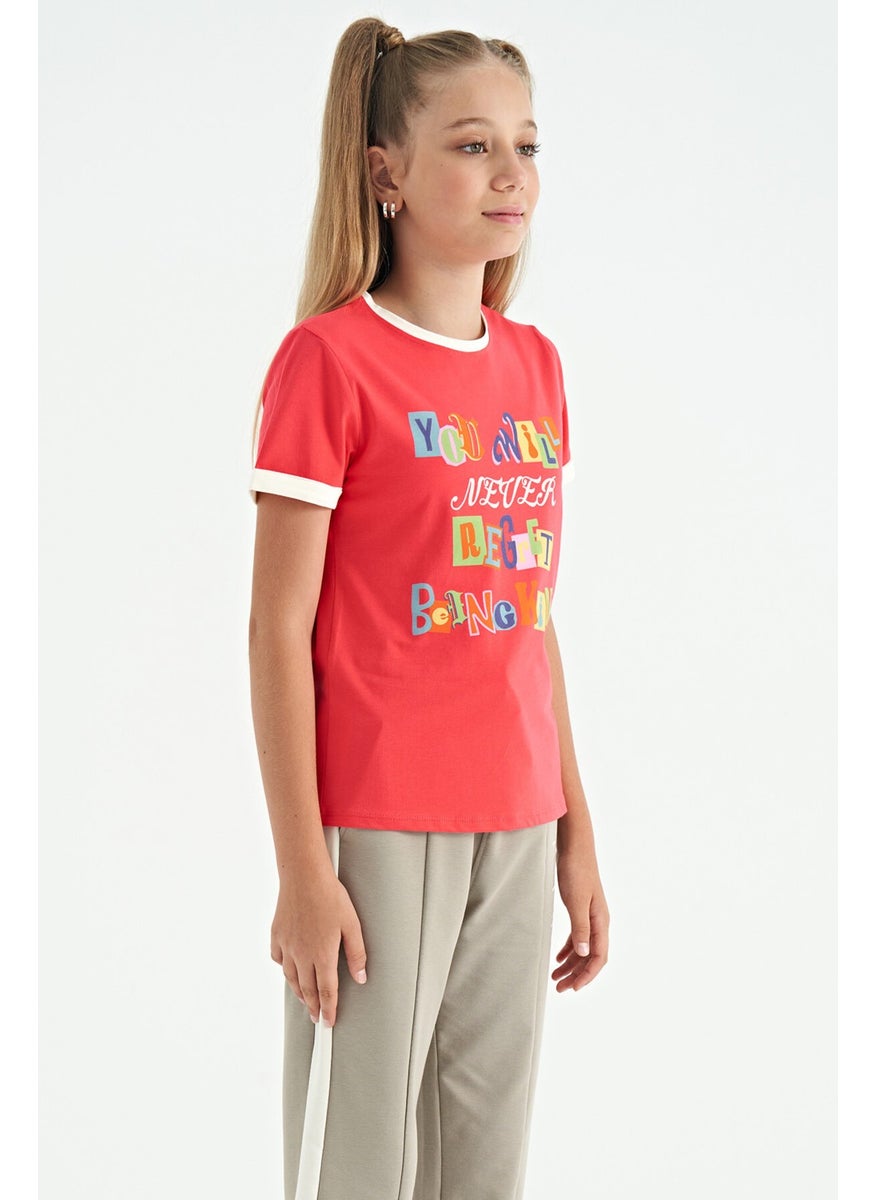 Tommy Life - Rose Colorful Text Detailed O Neck Comfortable Form Girls T-Shirt - 75109 - Image 1