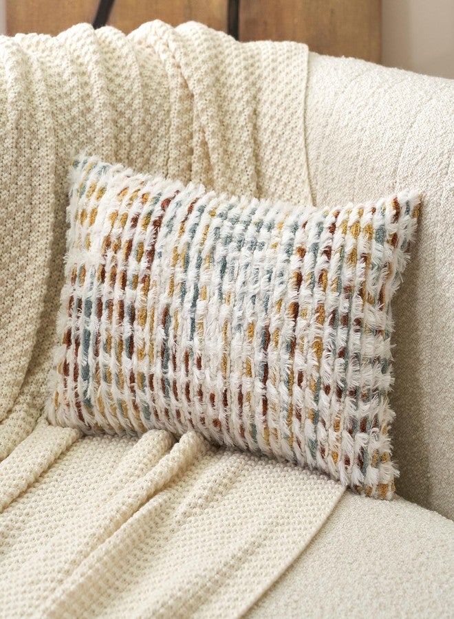 Aeckself Boho Chenille Tufted Pillow Cover 12 x 20 Inch, Rectangle Decorative Lumbar Throw Pillow Cover Neutral Pillowcase for Couch Bedroom Living Room, Orange White - Image 1