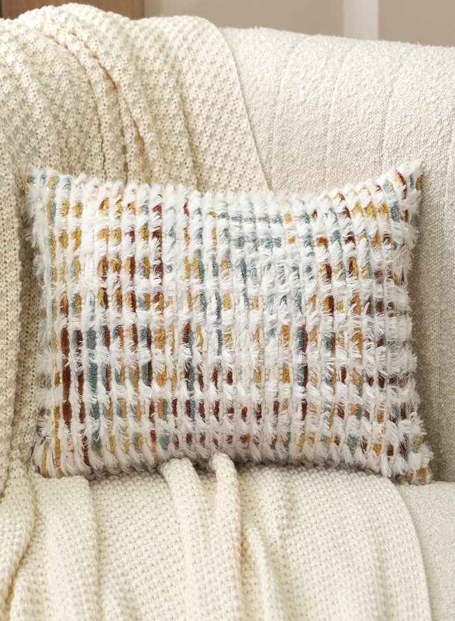 Aeckself Boho Chenille Tufted Pillow Cover 12 x 20 Inch, Rectangle Decorative Lumbar Throw Pillow Cover Neutral Pillowcase for Couch Bedroom Living Room, Orange White - Image 2