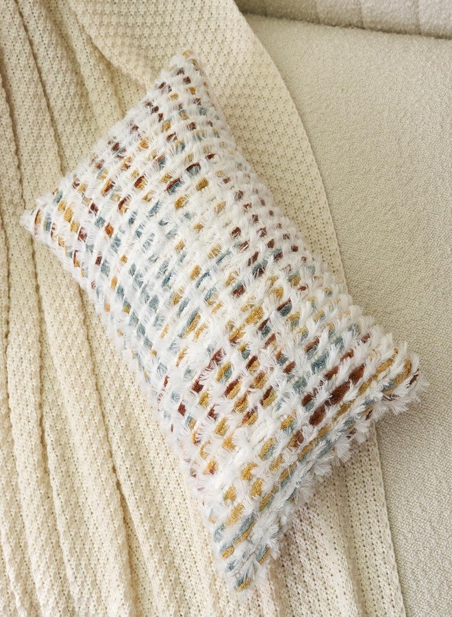 Aeckself Boho Chenille Tufted Pillow Cover 12 x 20 Inch, Rectangle Decorative Lumbar Throw Pillow Cover Neutral Pillowcase for Couch Bedroom Living Room, Orange White - Image 3