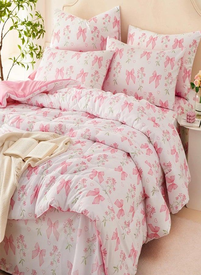 CCoutueChen Pink Bow Comforter Set Full 3Pcs Pink Floral Bedding Set for Girls Kids Romantic Princess Style Bowknot Bedding Ultra Soft Reversible Garden Flower Comforter Sets with 2 Pillowcases - Image 4