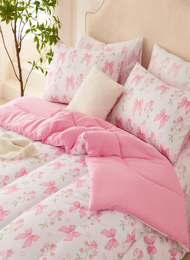 CCoutueChen Pink Bow Comforter Set Full 3Pcs Pink Floral Bedding Set for Girls Kids Romantic Princess Style Bowknot Bedding Ultra Soft Reversible Garden Flower Comforter Sets with 2 Pillowcases - Image 5