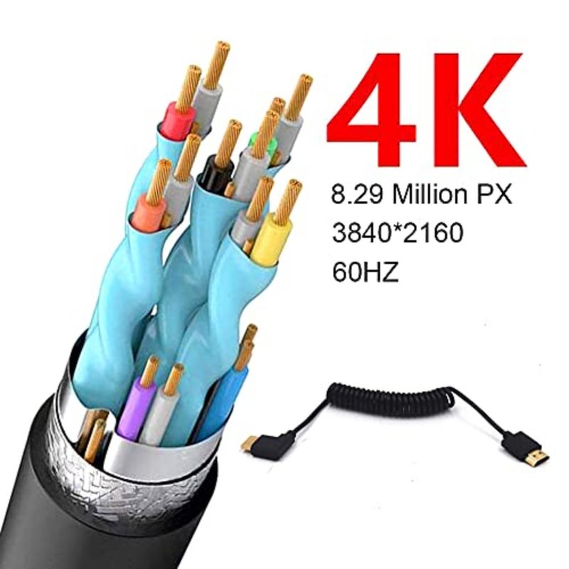 كابل ملفوف HDMI 4K بطول 3.9 قدم، كابل HDMI 2.0 عالي السرعة عالي السرعة، محول HDMI ذكر 90 درجة إلى HDMI ذكر سلك حلزوني زنبركي، 4k 60HZ - Image 3
