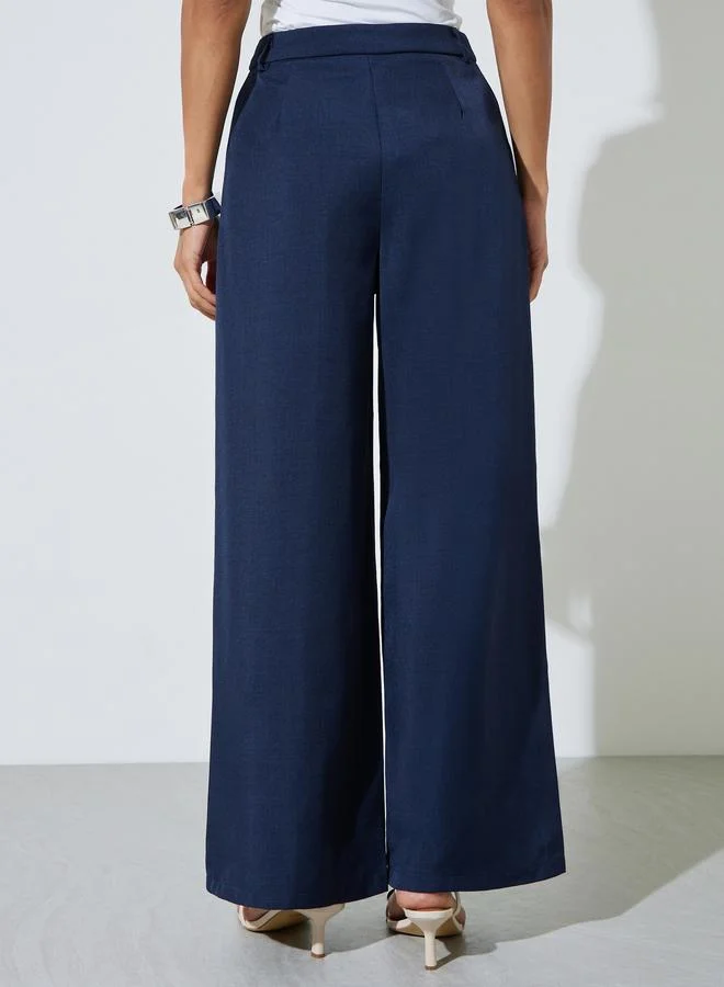 Styli Navy Blue Navy Blue Solid Wide Leg Trousers for Women | Best Price UAE