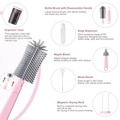 Parssufy Portable Baby Bottle Brush Kit Travel Feeding Bottle Cleaning Set Nursing Bottle Cleaner with Extendable Silicone Bottle Brush/Nipple Brush/Straw Brush/Drying Rack/Soap Dispenser/ (Pink) - Image 3