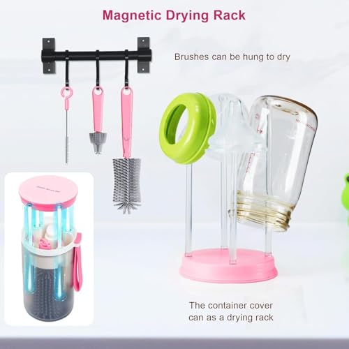 Parssufy Portable Baby Bottle Brush Kit Travel Feeding Bottle Cleaning Set Nursing Bottle Cleaner with Extendable Silicone Bottle Brush/Nipple Brush/Straw Brush/Drying Rack/Soap Dispenser/ (Pink) - Image 4