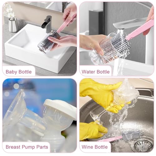 Parssufy Portable Baby Bottle Brush Kit Travel Feeding Bottle Cleaning Set Nursing Bottle Cleaner with Extendable Silicone Bottle Brush/Nipple Brush/Straw Brush/Drying Rack/Soap Dispenser/ (Pink) - Image 5