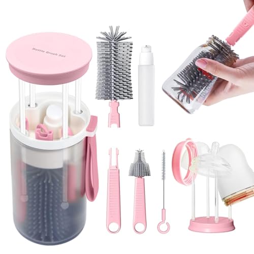 Parssufy Portable Baby Bottle Brush Kit Travel Feeding Bottle Cleaning Set Nursing Bottle Cleaner with Extendable Silicone Bottle Brush/Nipple Brush/Straw Brush/Drying Rack/Soap Dispenser/ (Pink) - Image 1