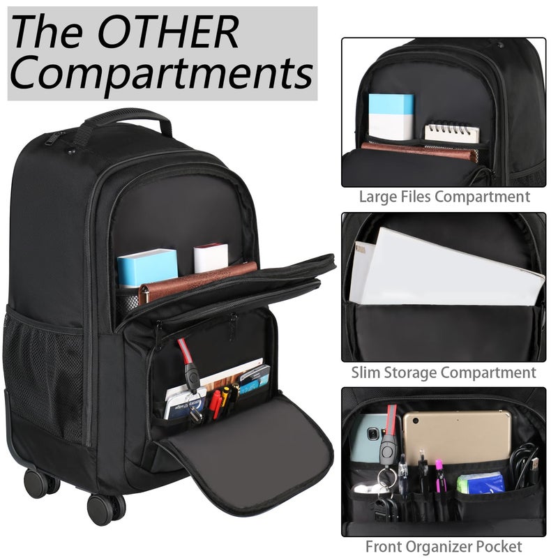 MATEIN Rolling Backpack with 4 Wheels, 17 inch Water Resisatnt Roller Spinner Backpack for Men, Large Busines Travel Wheeled Bag, Airline Approved Carry on Luggage Suitcase Bag, Black - Image 4