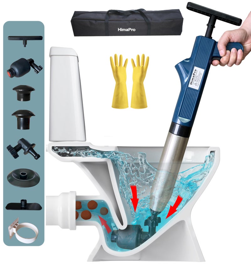 HimaPro High Pressure Toilet Plunger Air Drain Blaster Kit Blue Handle Unclog Toilets Kitchen Sinks Shower Drains and Pipes with Ease Bonus Rubber Gloves Included