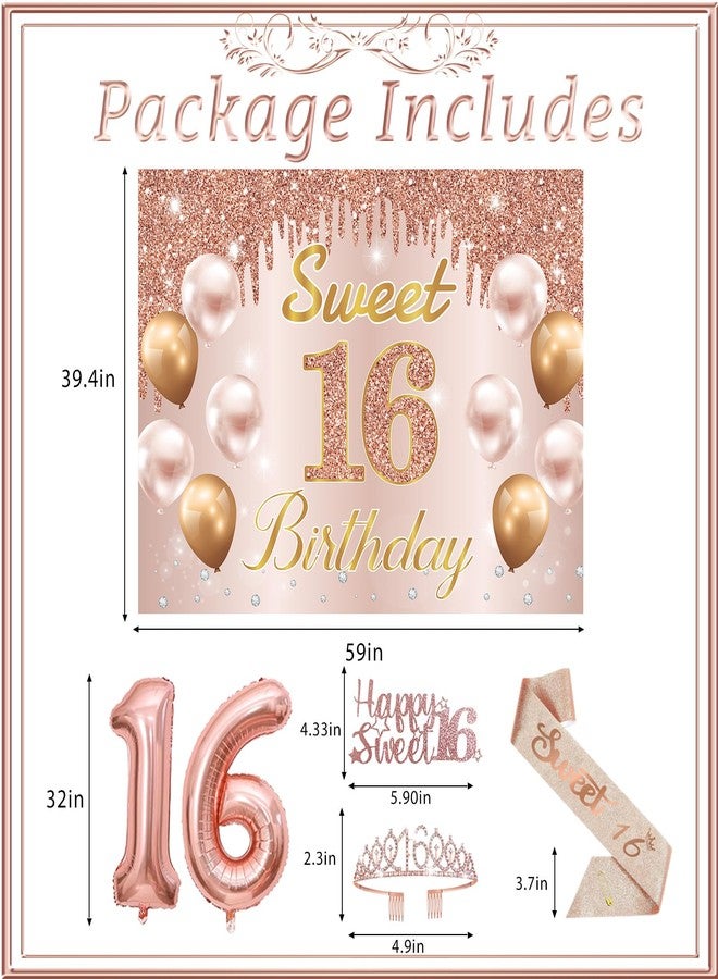 RTHPY Sweet 16 Party Decorations, Sweet 16th Birthday Crown and Sash Pink Rose Gold Sixteen Cake Topper Banner Backdrop Balloons Hanging Swirls for Girls Happy 16 Years Old Party Supplies - Image 3
