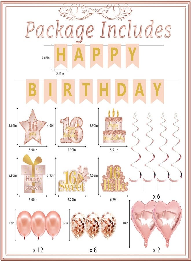 RTHPY Sweet 16 Party Decorations, Sweet 16th Birthday Crown and Sash Pink Rose Gold Sixteen Cake Topper Banner Backdrop Balloons Hanging Swirls for Girls Happy 16 Years Old Party Supplies - Image 2