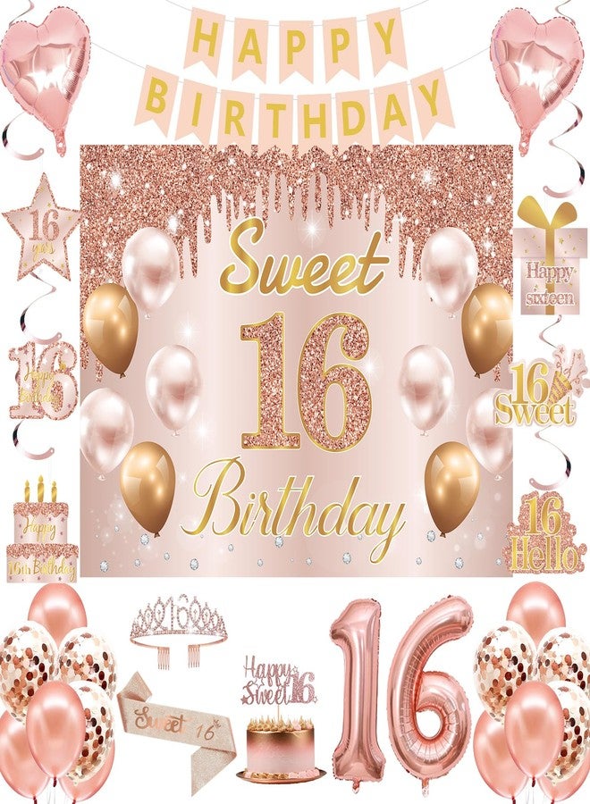 RTHPY Sweet 16 Party Decorations, Sweet 16th Birthday Crown and Sash Pink Rose Gold Sixteen Cake Topper Banner Backdrop Balloons Hanging Swirls for Girls Happy 16 Years Old Party Supplies - Image 1