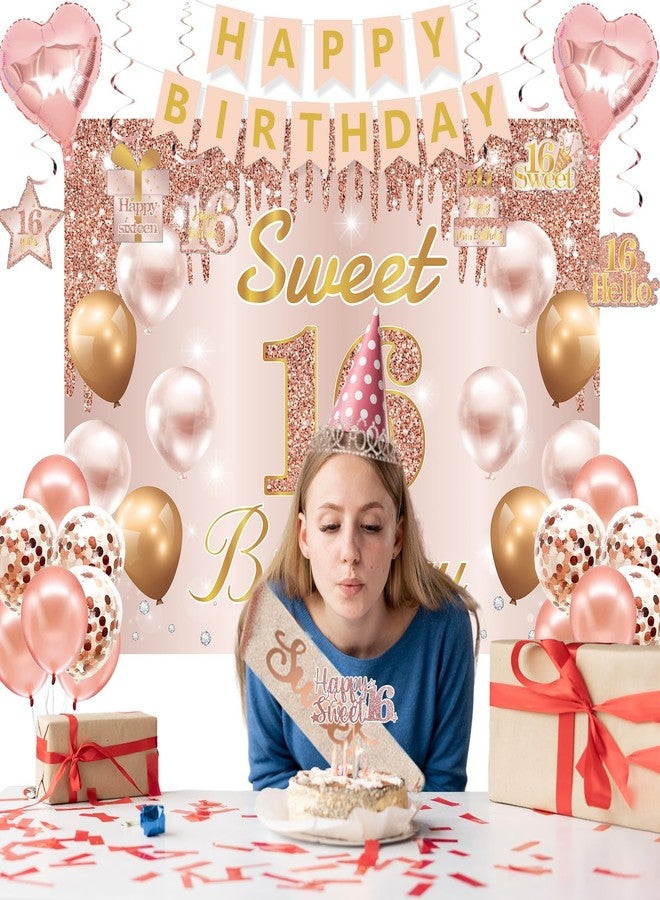 RTHPY Sweet 16 Party Decorations, Sweet 16th Birthday Crown and Sash Pink Rose Gold Sixteen Cake Topper Banner Backdrop Balloons Hanging Swirls for Girls Happy 16 Years Old Party Supplies - Image 4