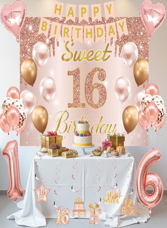 RTHPY Sweet 16 Party Decorations, Sweet 16th Birthday Crown and Sash Pink Rose Gold Sixteen Cake Topper Banner Backdrop Balloons Hanging Swirls for Girls Happy 16 Years Old Party Supplies - Image 5