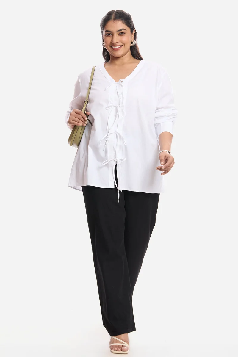 فيرجيو Solid Cotton Tie Up Plus Size Top With Cuff Sleeves for Women