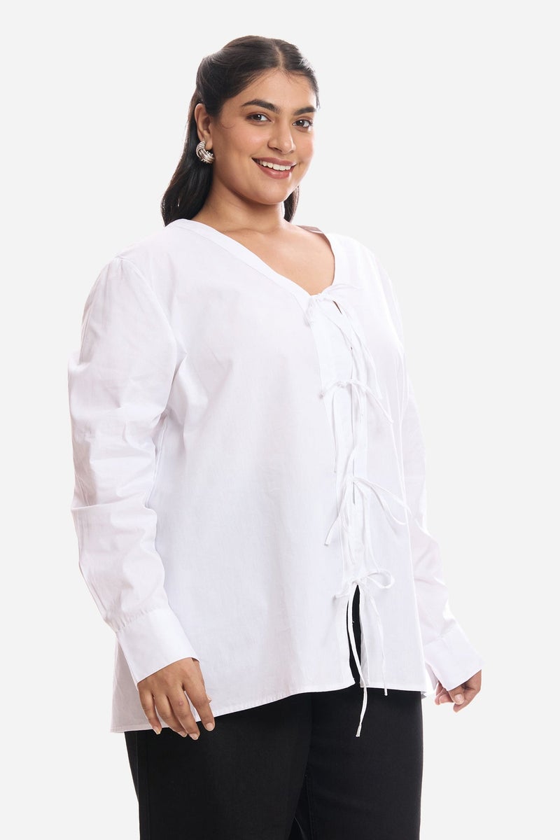 Virgio Solid Cotton Tie Up Plus Size Top With Cuff Sleeves for Women - Image 4