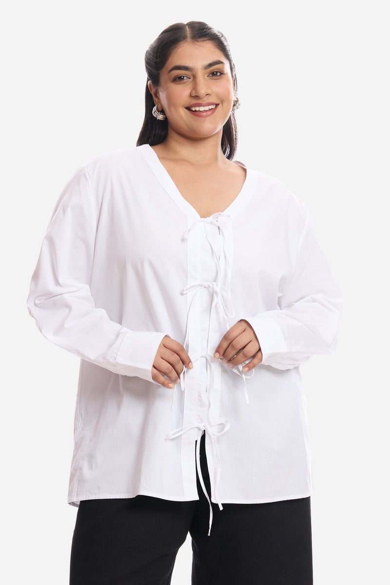 Virgio Solid Cotton Tie Up Plus Size Top With Cuff Sleeves for Women - Image 1