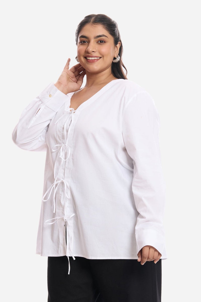 Virgio Solid Cotton Tie Up Plus Size Top With Cuff Sleeves for Women - Image 3