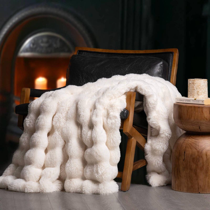 EverGrace Ultra Soft Luxury Fluffy Faux Rabbit Fur Throw Blanket, Thick Warm Bubble Throw for Bed, Cozy Plush Reversible Blankets for Couch, Chair, Sofa, Ivory White, 80x90 Inches - Image 1