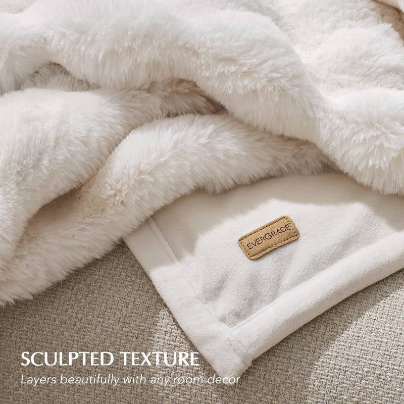 EverGrace Ultra Soft Luxury Fluffy Faux Rabbit Fur Throw Blanket, Thick Warm Bubble Throw for Bed, Cozy Plush Reversible Blankets for Couch, Chair, Sofa, Ivory White, 80x90 Inches - Image 5