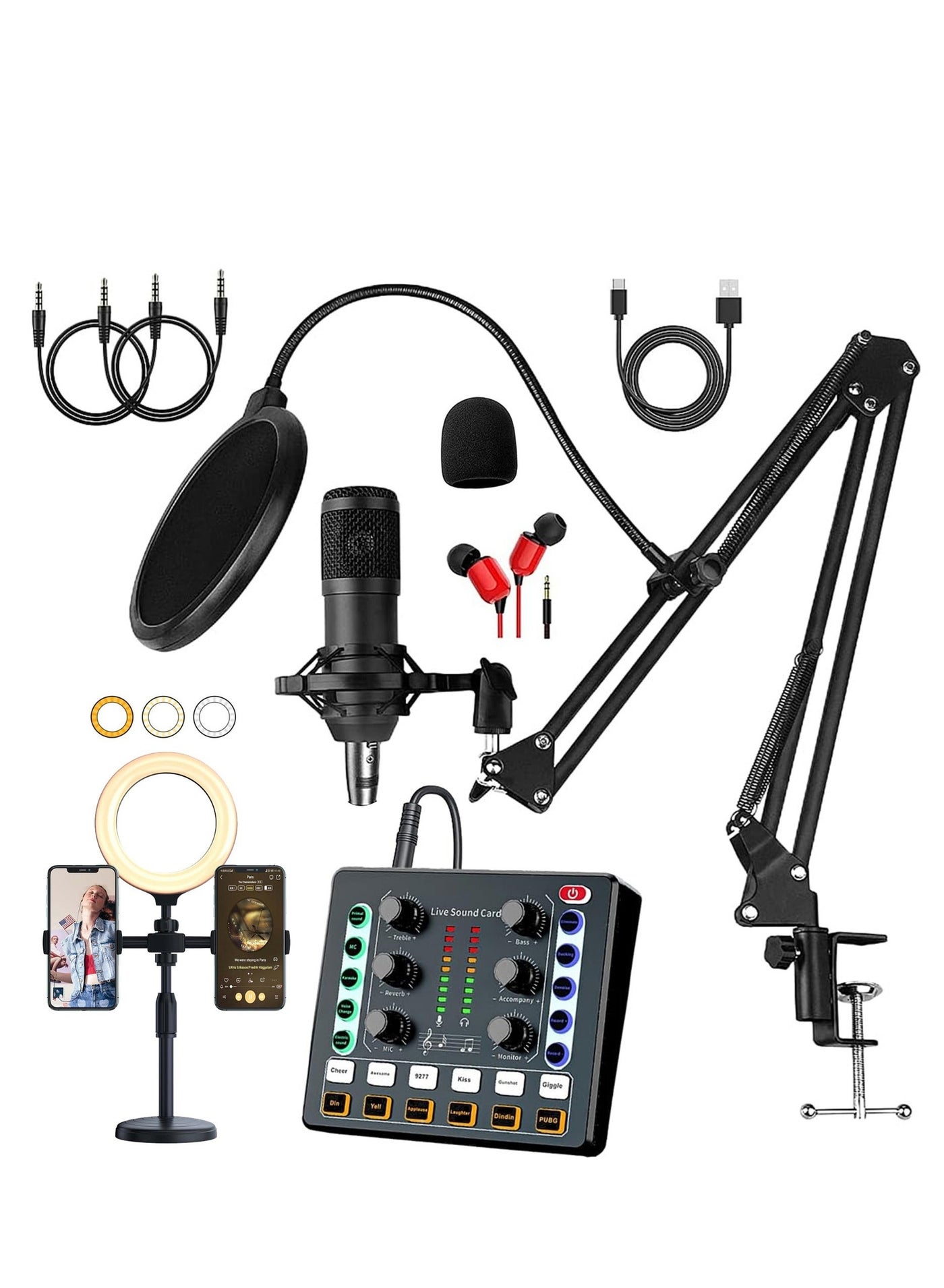Podcast Equipment Bundle with Ring Light and Phone Holder , BM-800 Recording Studio Package with Voice Changer, Live Sound Card,Audio Interface for Laptop Computer Vlog Living Broadcast Live Streaming