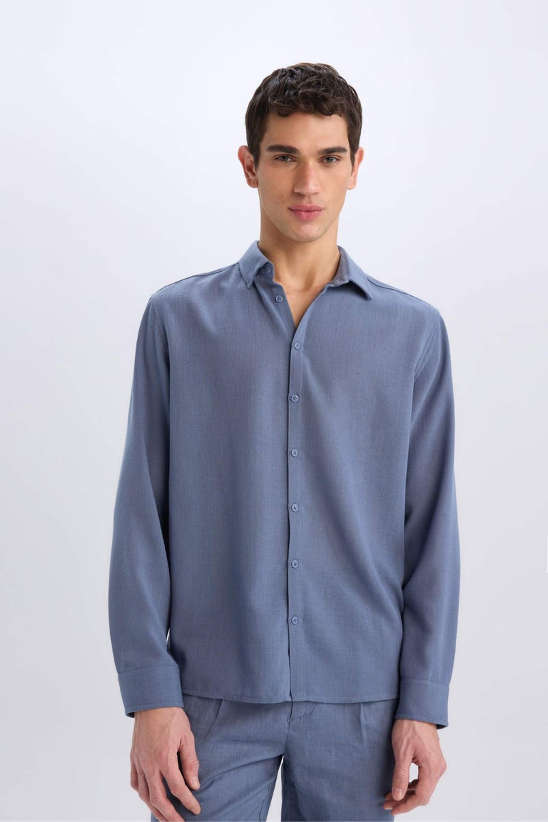 DeFacto Regular Fit Polo Neck Linen Look Shirt - Image 3