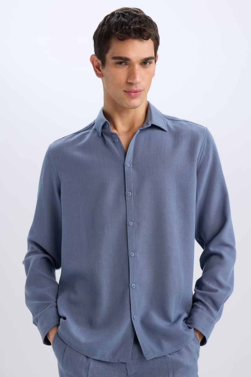 DeFacto Regular Fit Polo Neck Linen Look Shirt - Image 1
