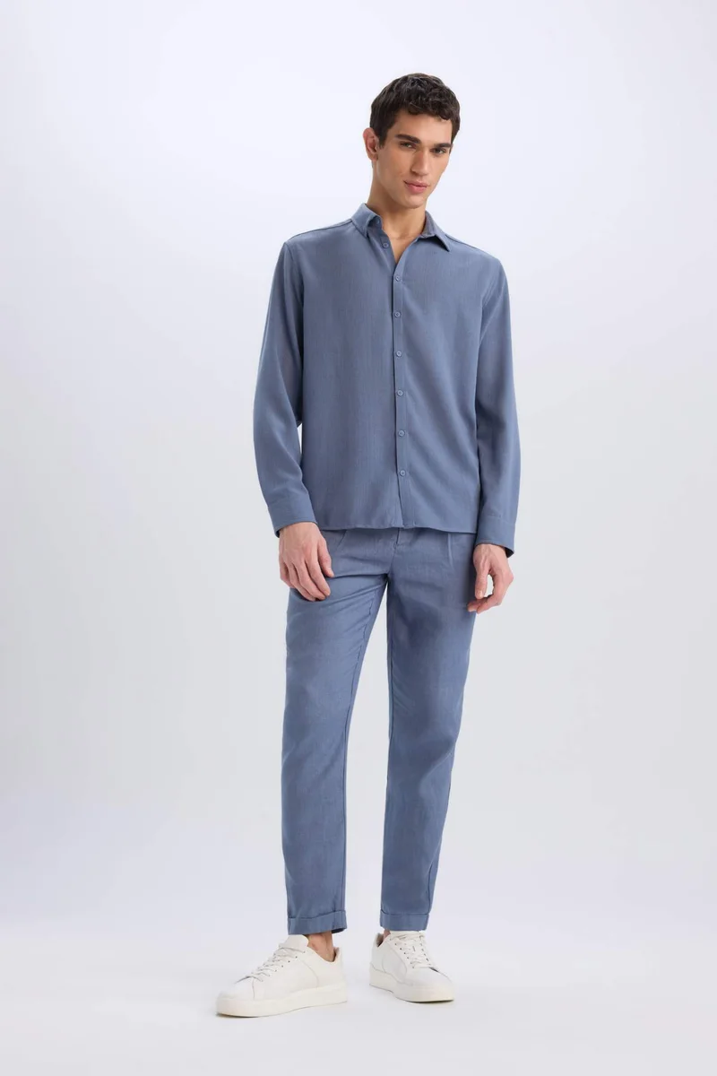 DeFacto Regular Fit Polo Neck Linen Look Shirt